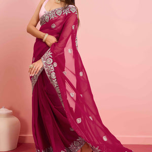 Dark Magenta Floral Sequins Embroidered Georgette Saree