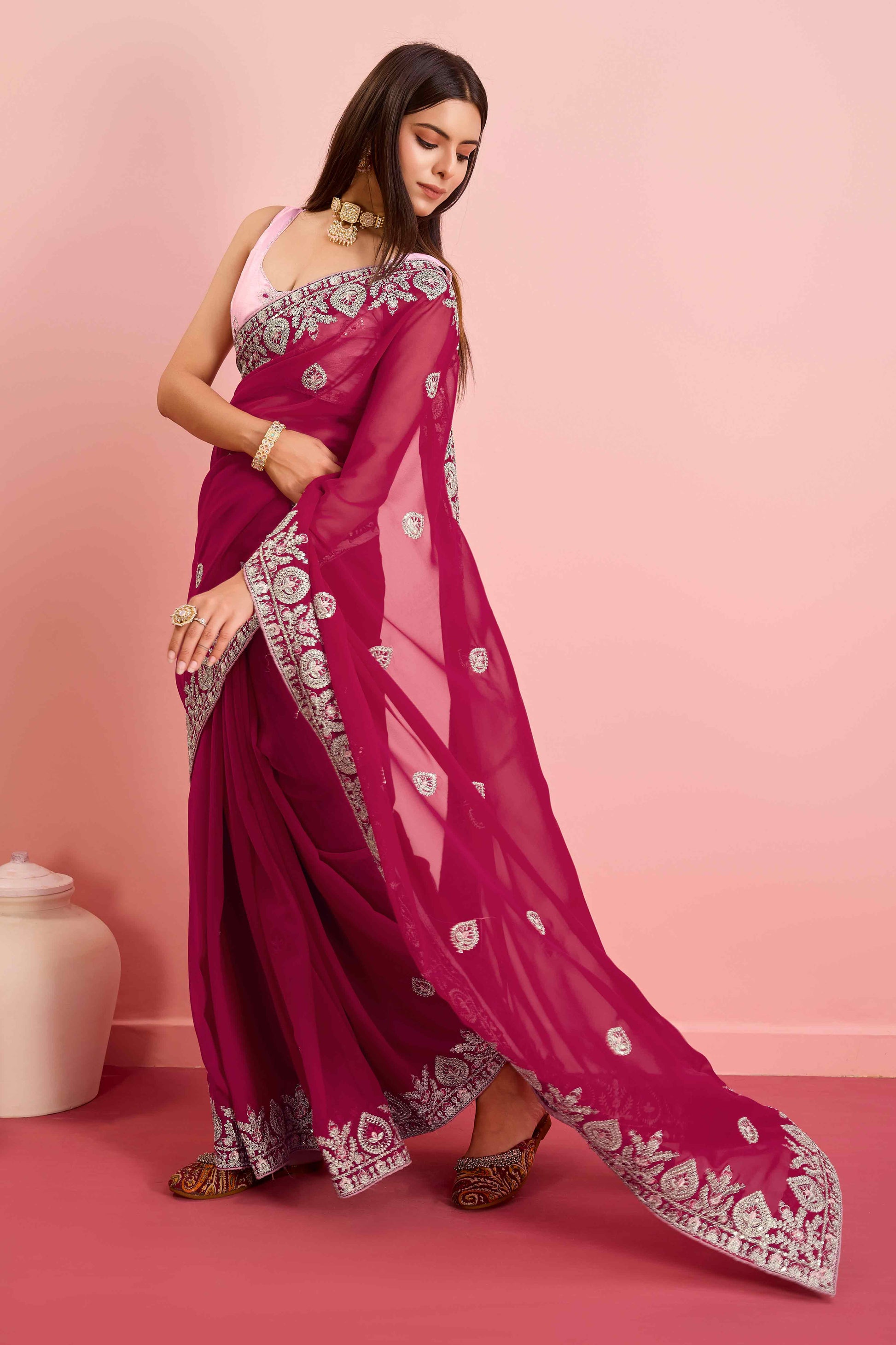 Dark Magenta Floral Sequins Embroidered Georgette Saree