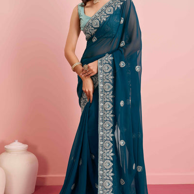 Morpich Blue Floral Sequins Embroidered Georgette Saree