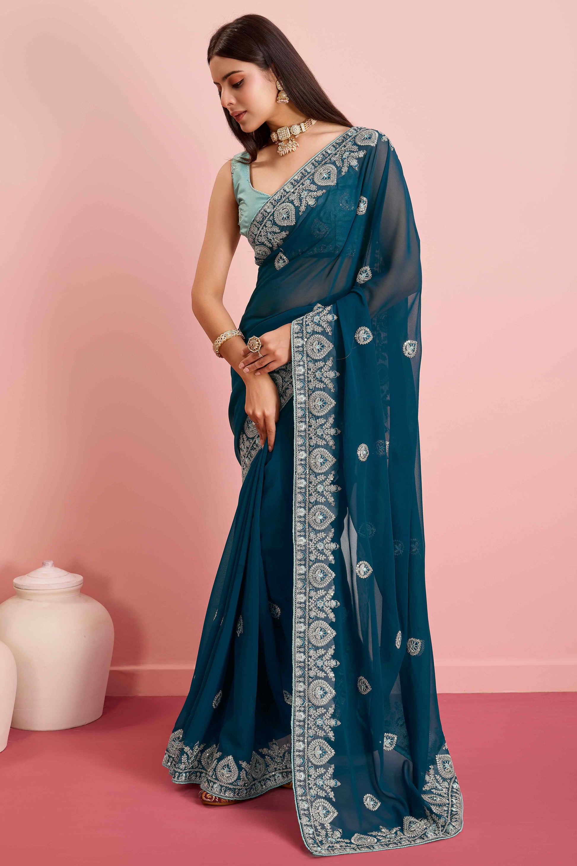 Morpich Blue Floral Sequins Embroidered Georgette Saree