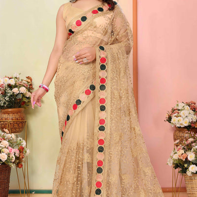 Chikoo Floral Embroidered Net Saree