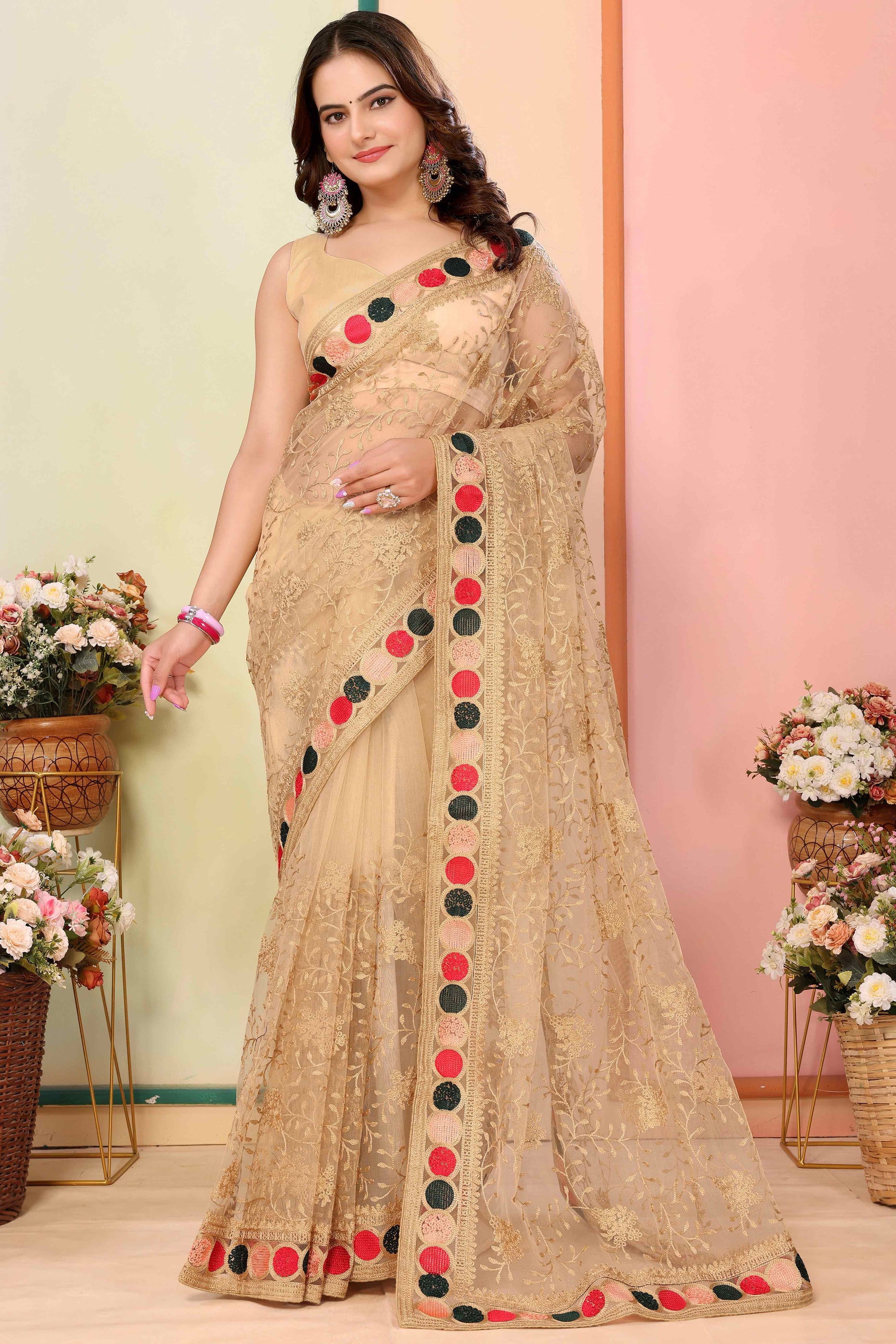 Chikoo Floral Embroidered Net Saree