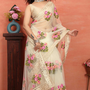 Cream Floral Embroidered Net Saree