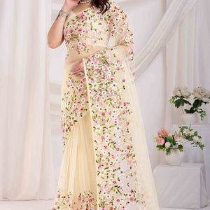 Cream Floral Embroidered Net Saree