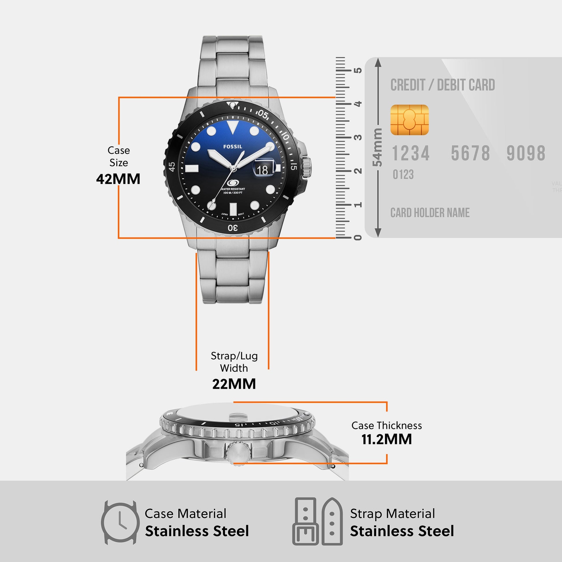 Fossil Blue Dive Men Quartz Two Tone Dial Analog Stainless Steel Watch FS6038