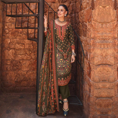 Mehendi Green Floral Digital Printed Pashmina Salwar Suit