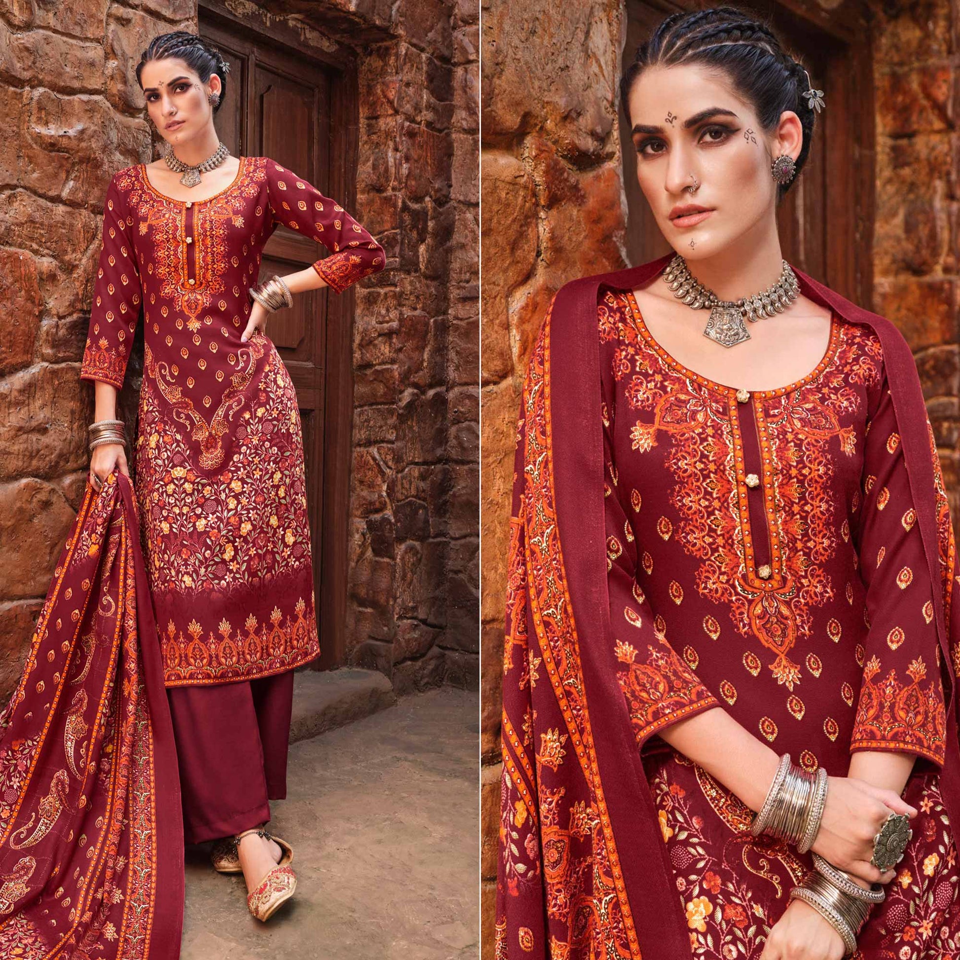 Maroon Floral Digital Printed Pashmina Salwar Suit