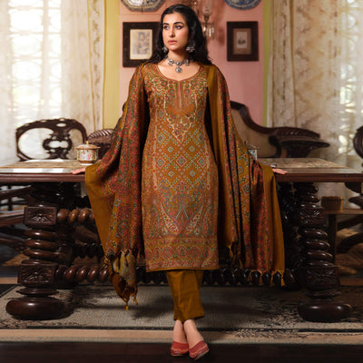 Brown Digital Printed Pashmina Woolen Suit