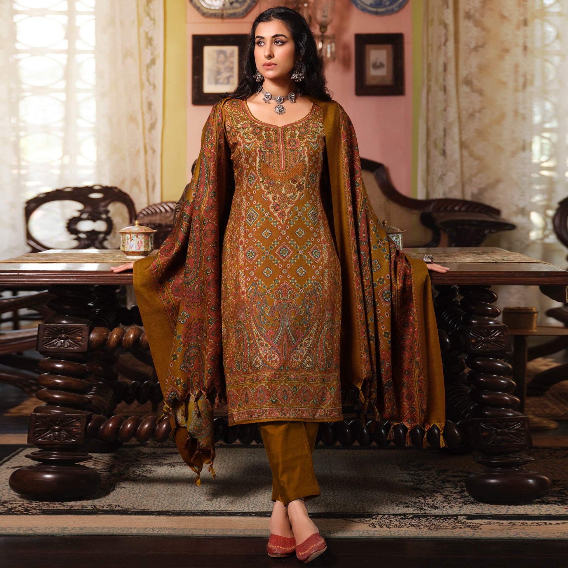 Brown Digital Printed Pashmina Woolen Suit