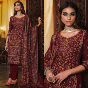 Maroon Digital Printed Pashmina Woolen Suit