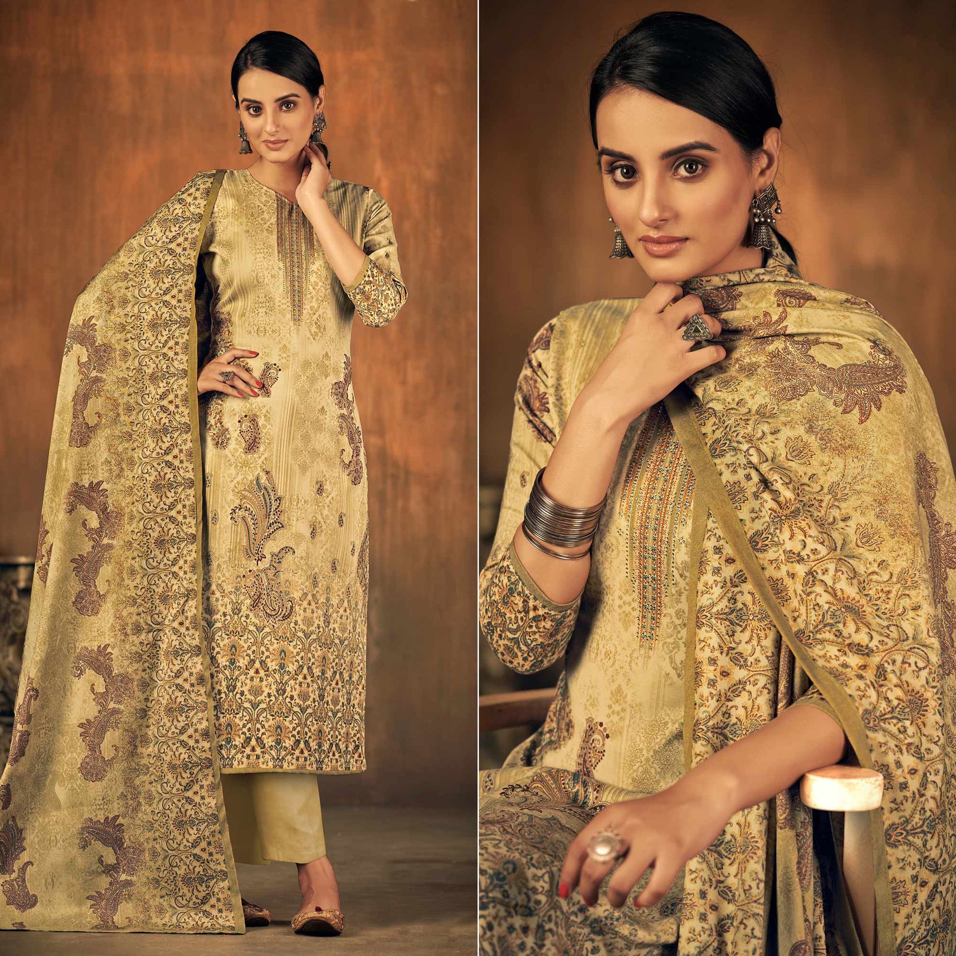 Chikoo Printed With Swarovski Work Pashmina Salwar Suit