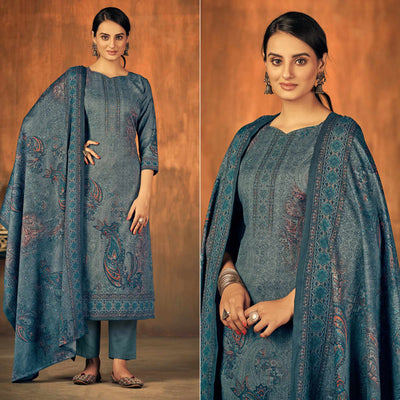 Grey Printed With Swarovski Work Pashmina Salwar Suit