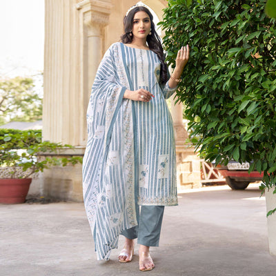 Grey Printed Pure Cotton Dress Material