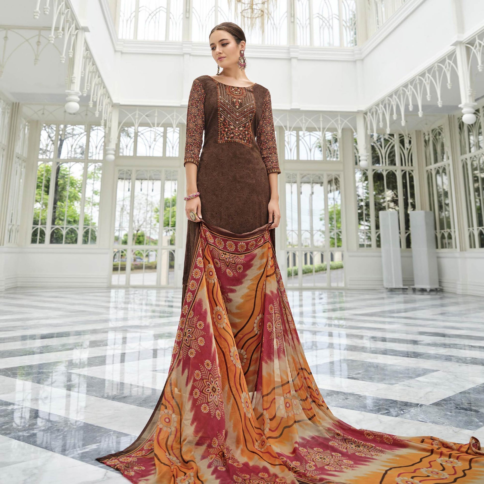 Brown Printed With Embroidered Rayon Suit