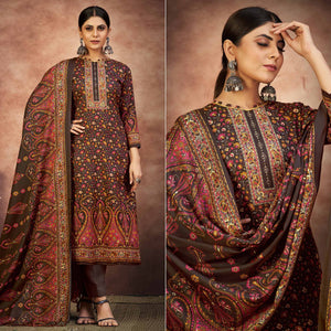 Brown Floral Printed With Swarovski Work Pashmina Suit
