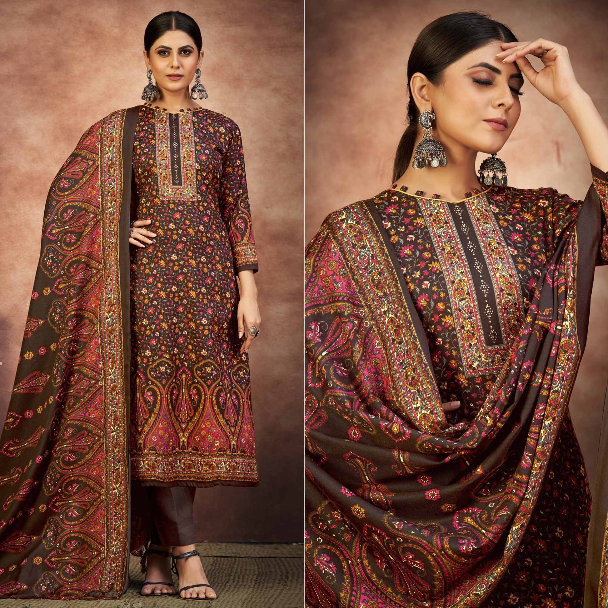 Brown Floral Printed With Swarovski Work Pashmina Suit