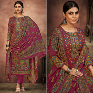 Magenta Floral Printed With Swarovski Work Pashmina Suit