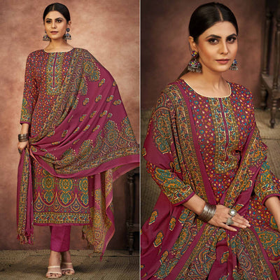 Magenta Floral Printed With Swarovski Work Pashmina Suit