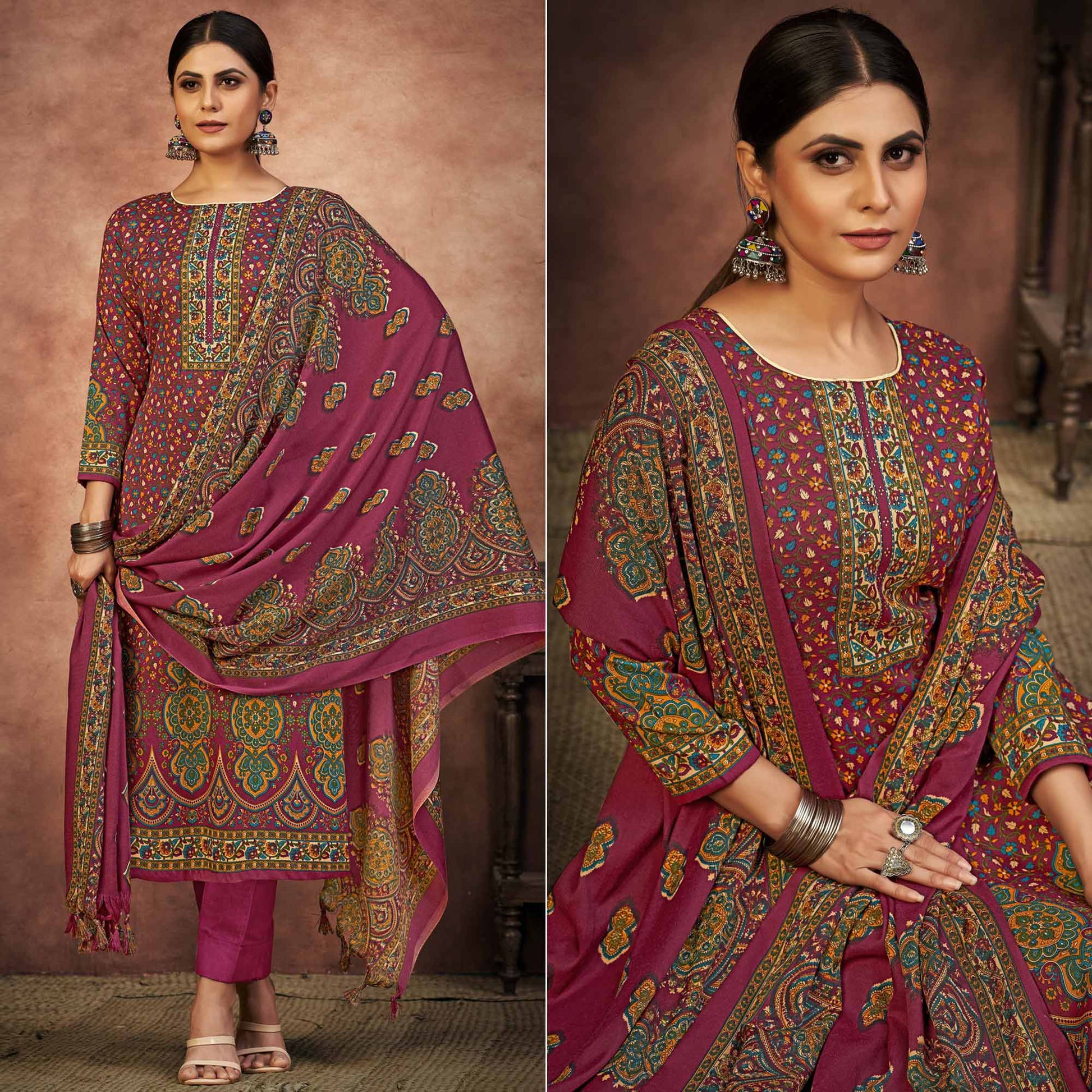 Magenta Floral Printed With Swarovski Work Pashmina Suit