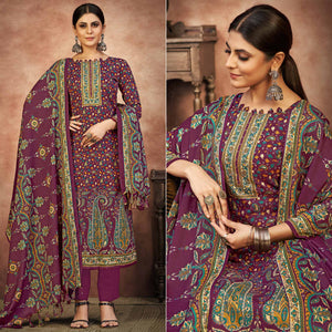 Magenta Purple Floral Printed With Swarovski Work Pashmina Suit