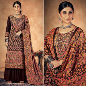 Brown Floral Printed Pashmina Woolen Suit
