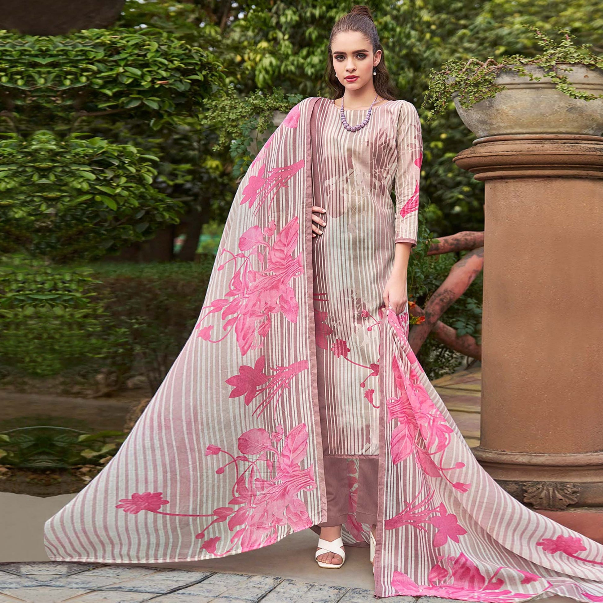 Mauve Floral Printed Pure Cotton Dress Material