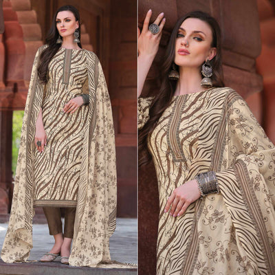 Brown Printed Pure Cotton Dress Material