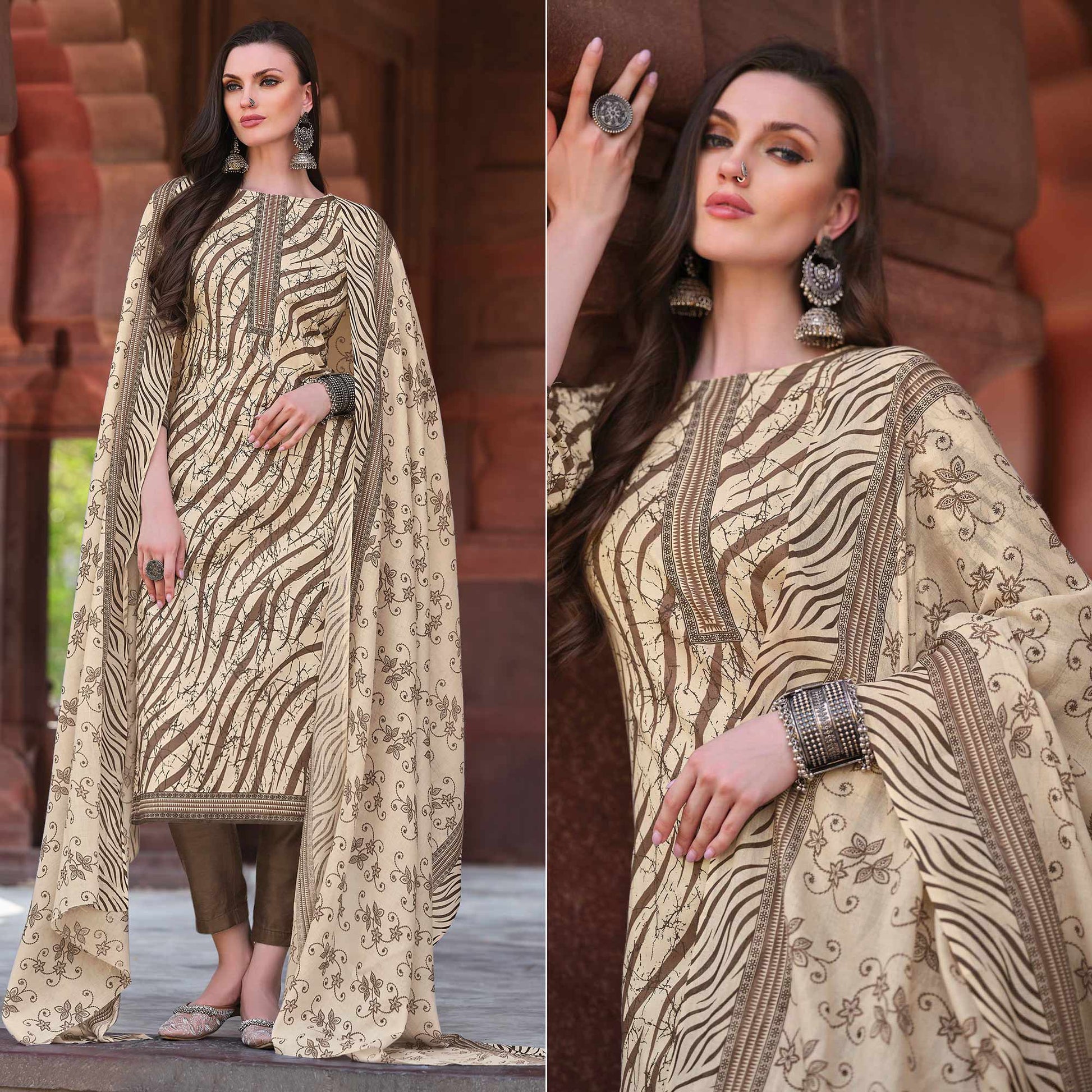 Brown Printed Pure Cotton Dress Material