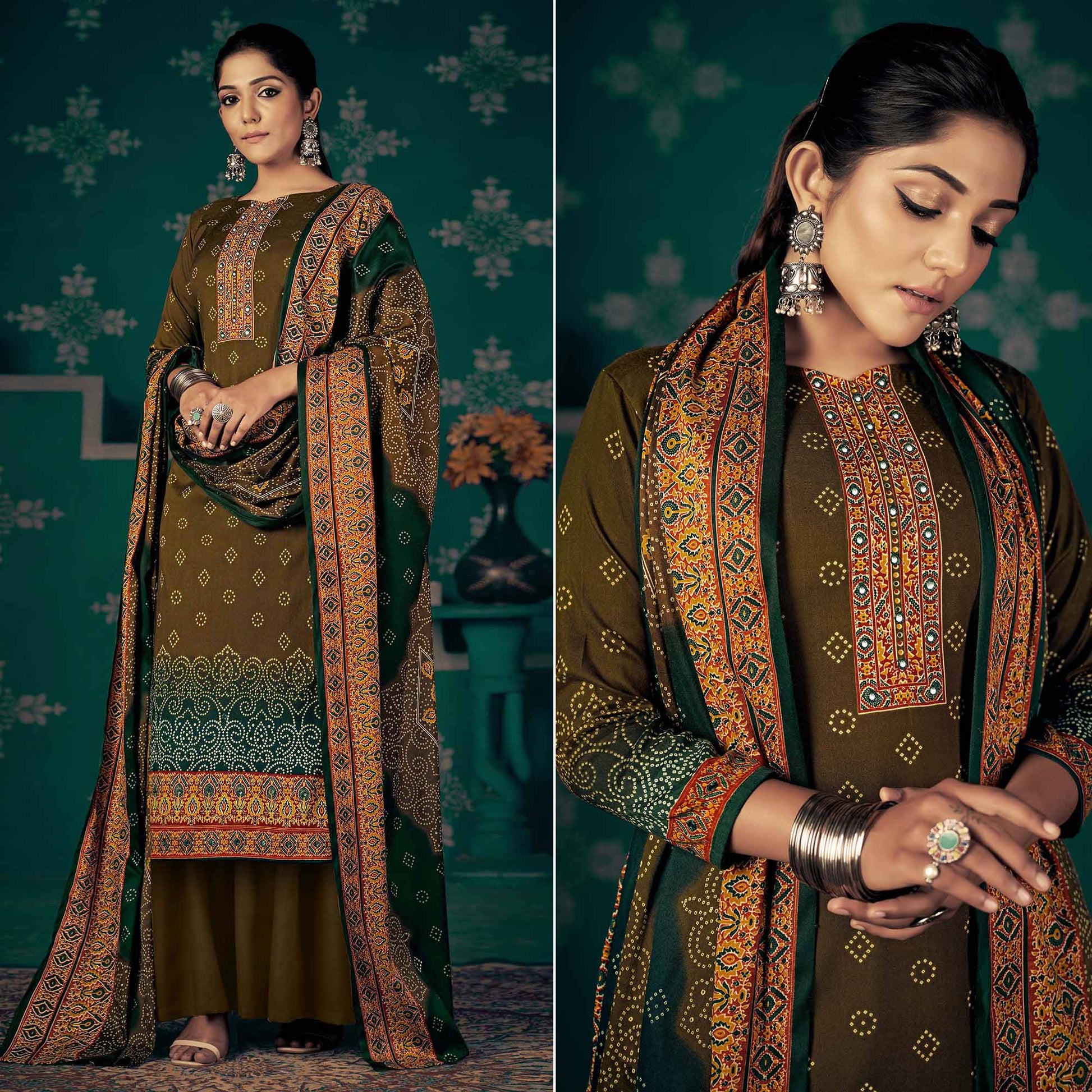 Mehendi Green Bandhani Printed Pashmina Salwar Suit