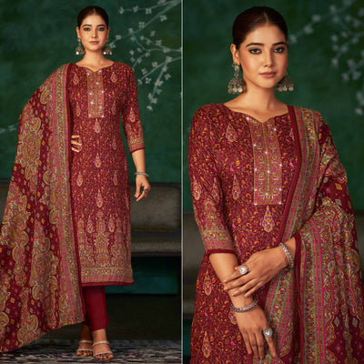 Maroon Floral Printed With Swarovski Work Pashmina Suit