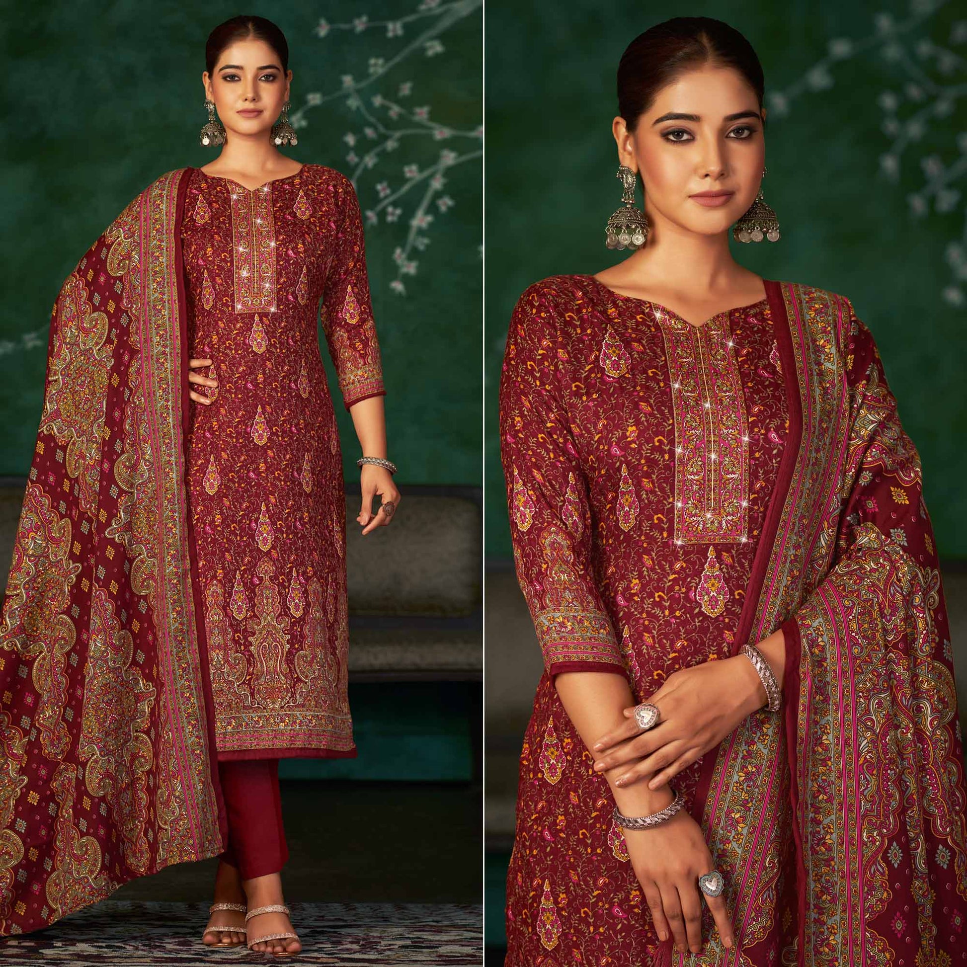 Maroon Floral Printed With Swarovski Work Pashmina Suit