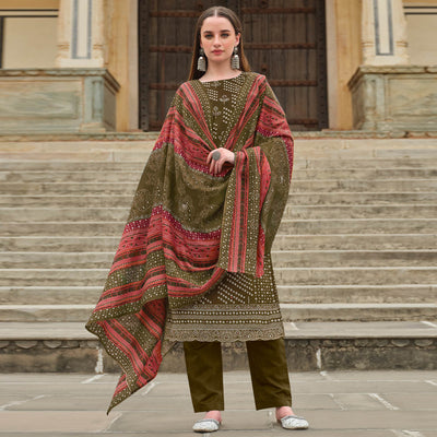 Mehandi Green Bandhani Printed Pure Cotton Dress Material