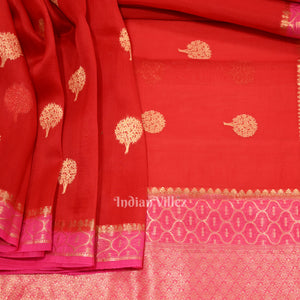 Pure Red Kora Banarasi Tissue Saree With Floral Handwork