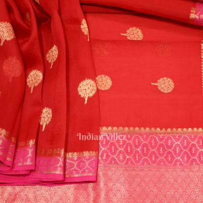 Pure Red Kora Banarasi Tissue Saree With Floral Handwork