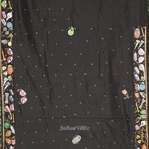 Black Sitar Instrument Hand-Painted Pattachitra Saree