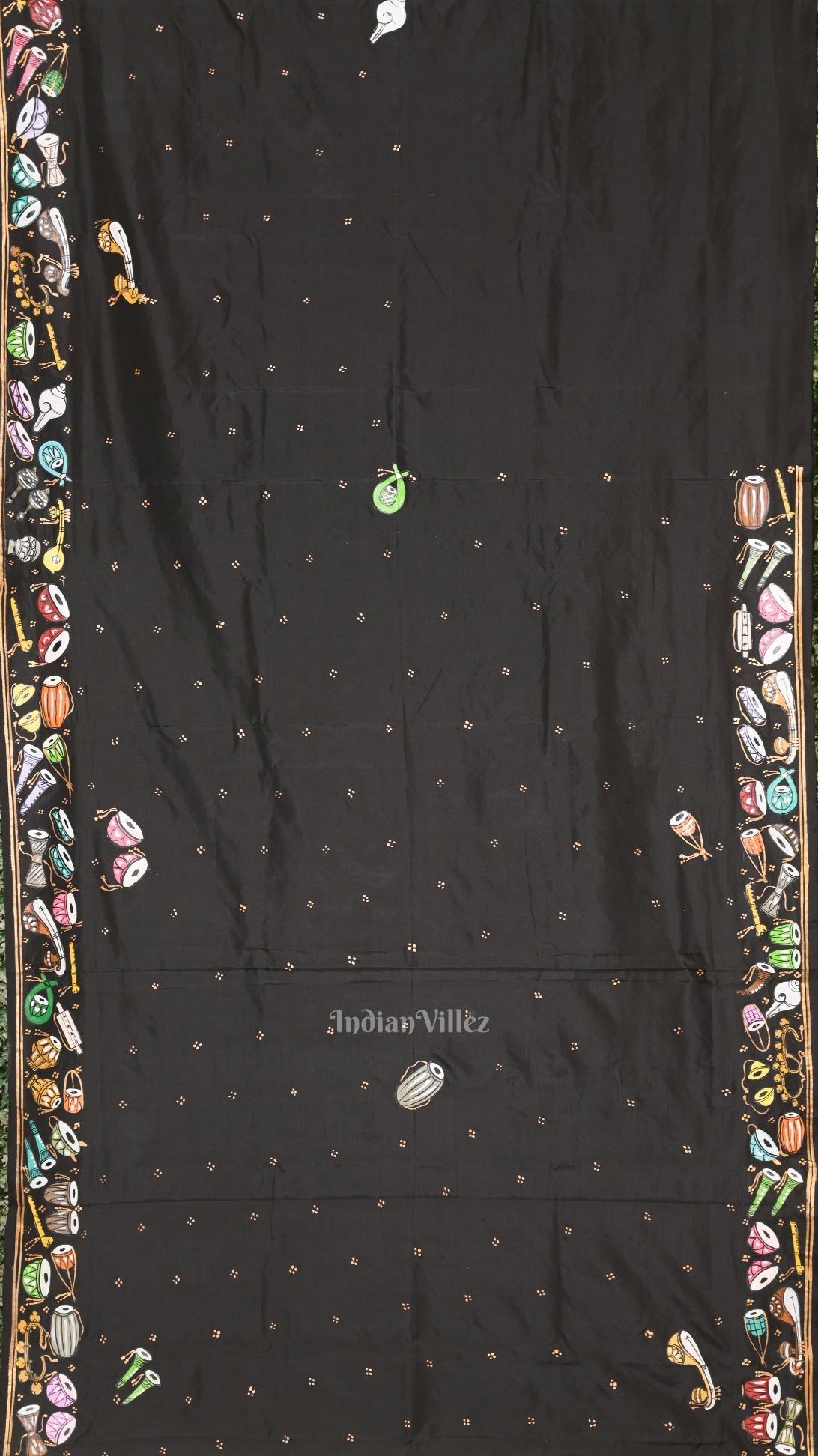 Black Sitar Instrument Hand-Painted Pattachitra Saree