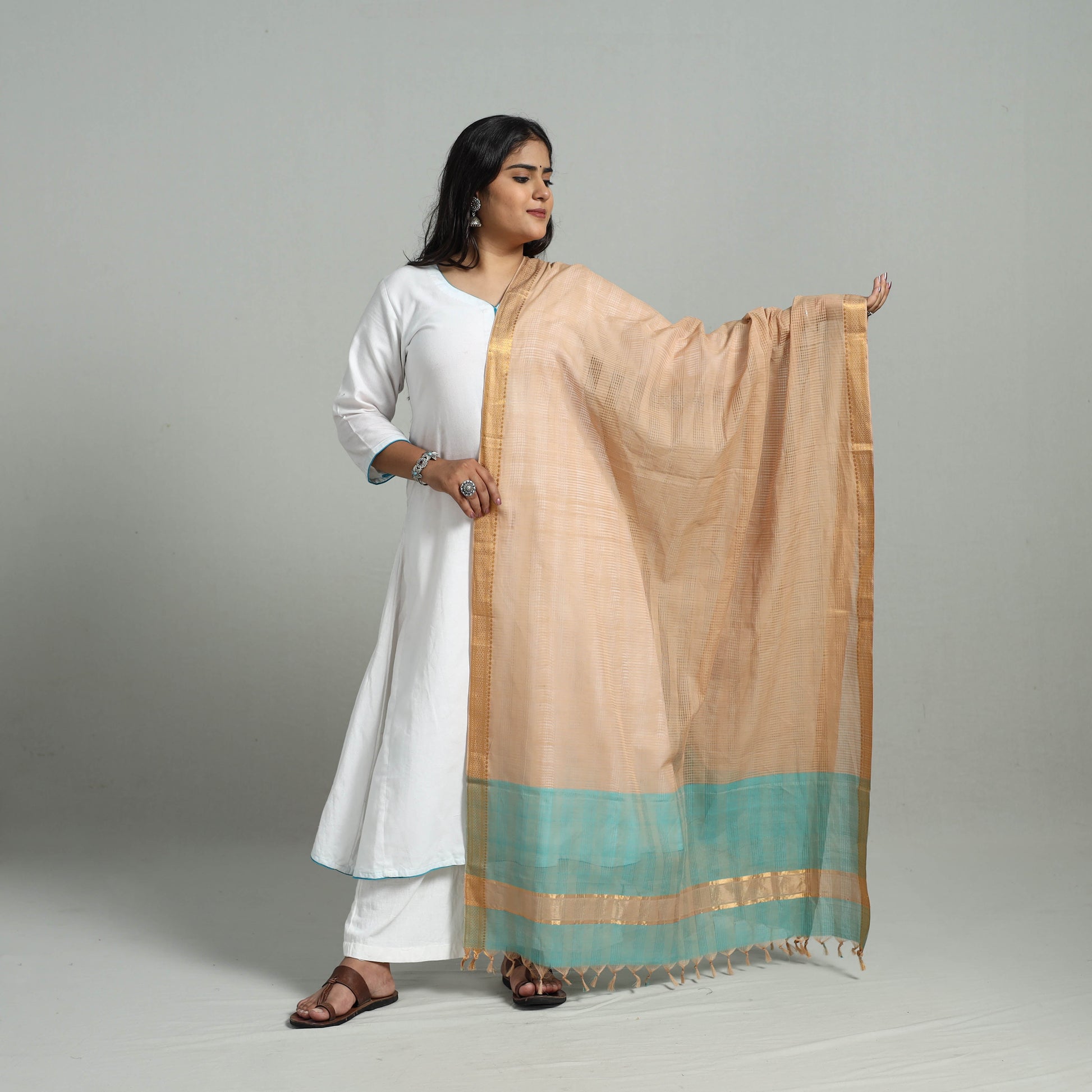 Beige - Handloom Cotton Nizam Zari Border Mangalagiri Dupatta 02