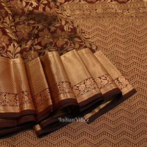 Dark Maroon With Golden Floral Motif Pure Kanjivaram Silk Saree