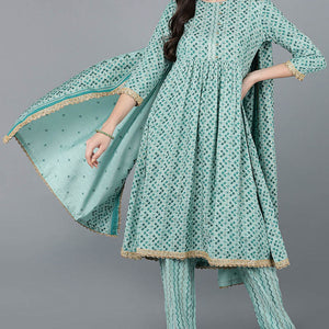 Sea Green Cotton blend Anarkali Kurta Pant With Dupatta VKSKD1463