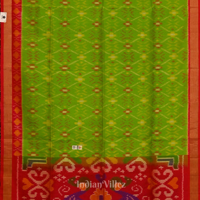 Parrot Green with Pure Red Handloom Pochampally Ikat Silk Saree