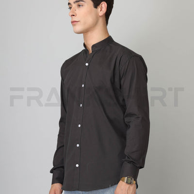 Frankshirt Chinese Collar Black Solid Tailored Fit Cotton Casual Shirt for Man
