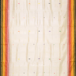 White Green Kathiphera Khandua Silk Saree with Odissi Dancer Pallu