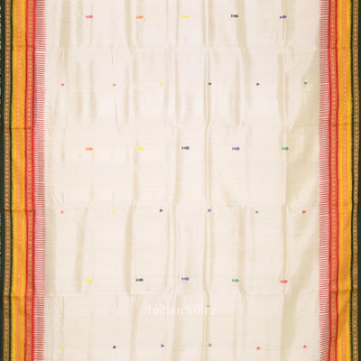 White Green Kathiphera Khandua Silk Saree with Odissi Dancer Pallu