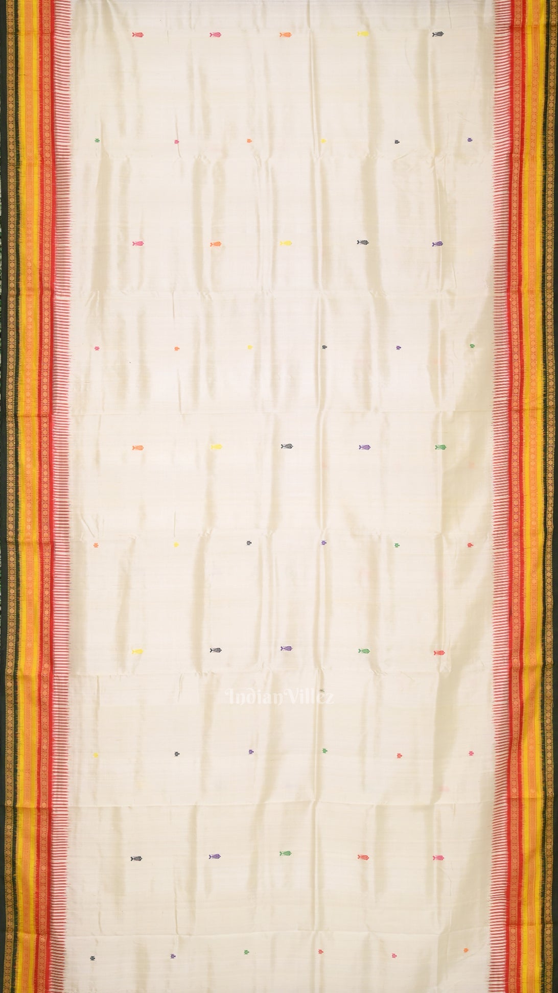 White Green Kathiphera Khandua Silk Saree with Odissi Dancer Pallu