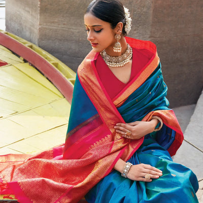 Blue Handloom Kanchipuram Korvai Silk Saree With Mango Buttas