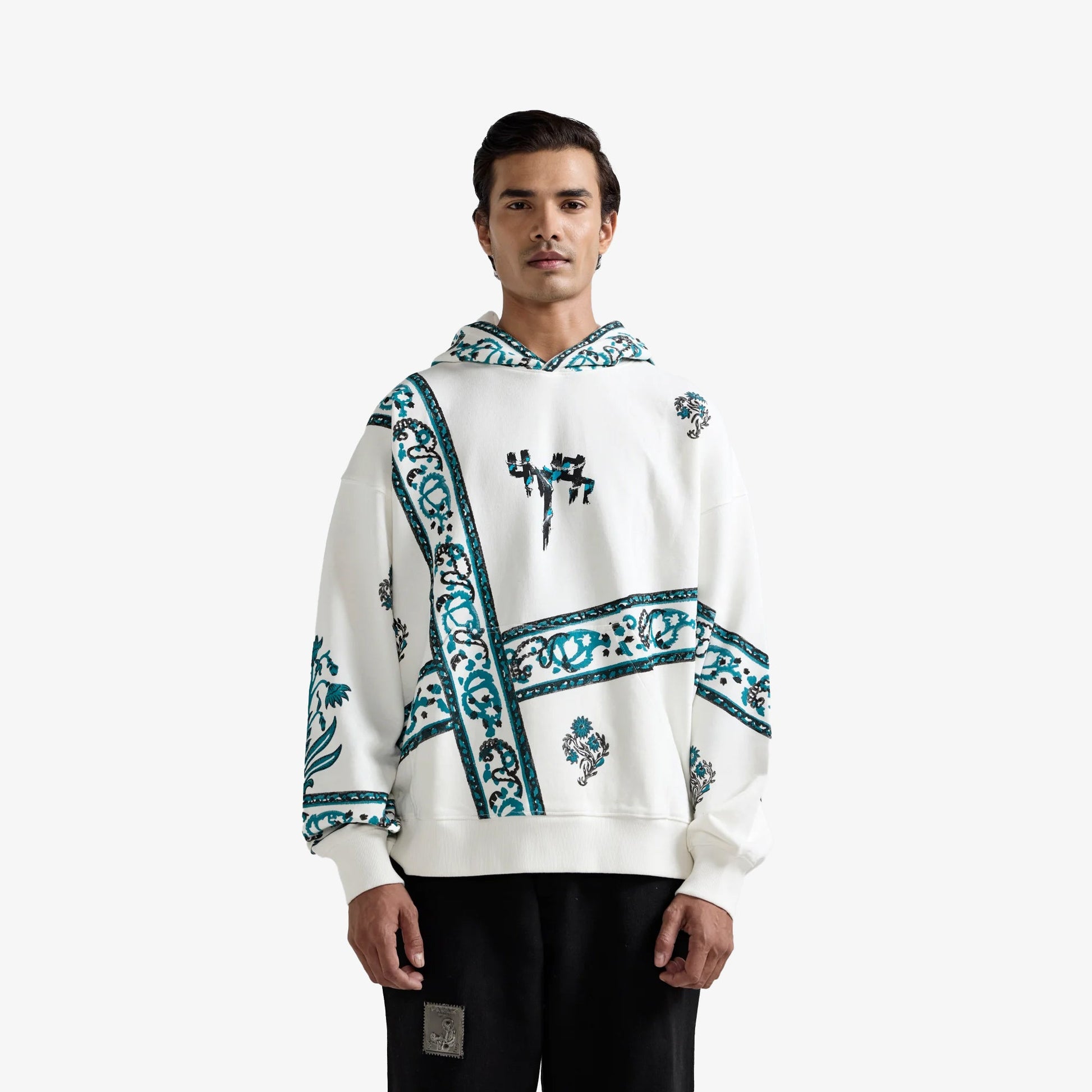 F A R A K | COSMIC BLOCKPRINT HOODIE { WHITE