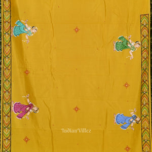 Yellow Radha Krishna Rasa Leela Hand-Painted Pattachitra Saree
