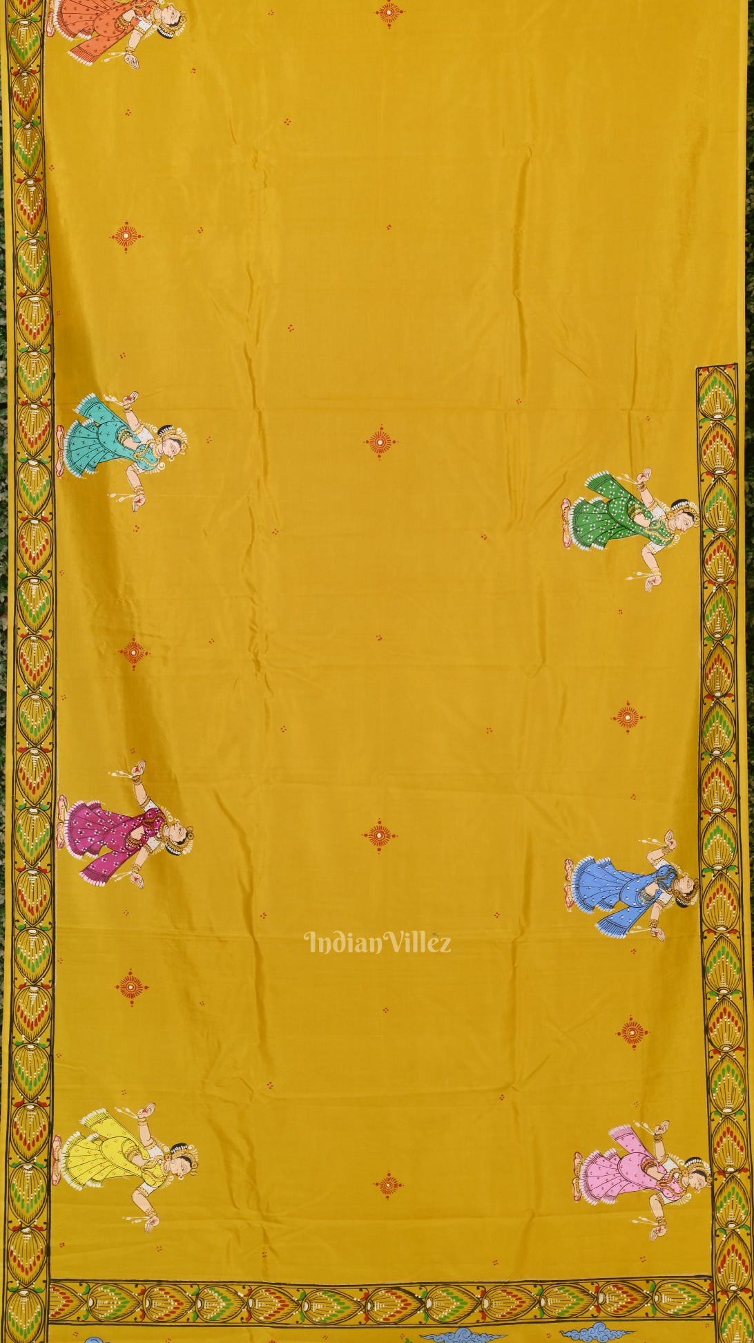 Yellow Radha Krishna Rasa Leela Hand-Painted Pattachitra Saree