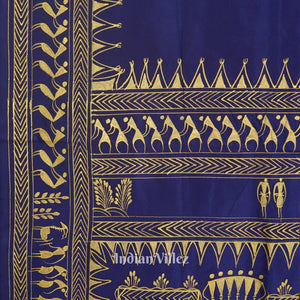 Blue Tribal Theme Hand-Painted Pattachitra Saree