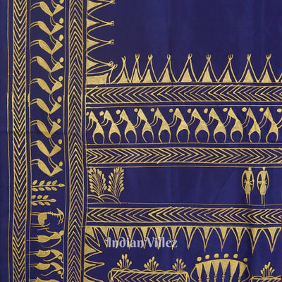Blue Tribal Theme Hand-Painted Pattachitra Saree